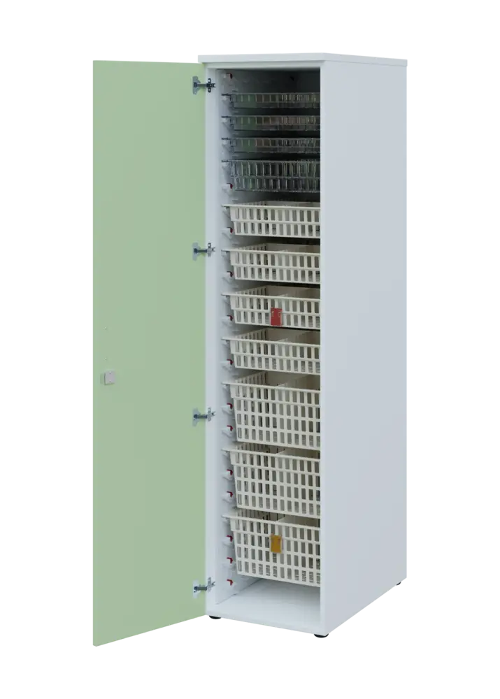 EUROMEDICA D - 46 skříň léková boxová, 1-dveřová, levá, 1950x460x735, korpus bílý, dvířka šedo-zelinkavá